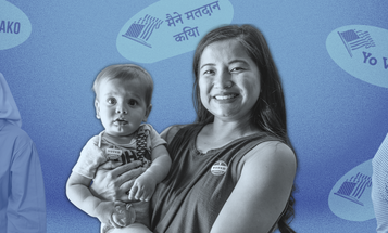 Blue-toned collage of diverse voters at polling booths, with "I Voted" stickers shown in several languages including Tagalog, Spanish, Hindi, and Chinese.