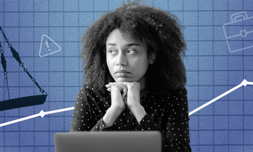 A woman with curly hair is sitting in front of a laptop, looking worried. The background features a line graph, a scale, a briefcase, and gears, suggesting themes of balance, labor, and industry.