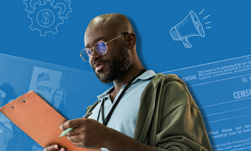 A Black man in glasses and a green jacket reviews a clipboard, set against a blue collage of a historic U.S. census form and people waiting in line at voting booths.