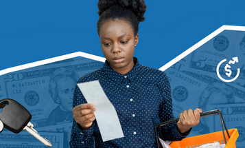 A person examines a receipt while holding a shopping bag filled with groceries. The background features an upward-trending line graph, dollar symbols, and images of U.S. currency. Car keys are placed on the left side.