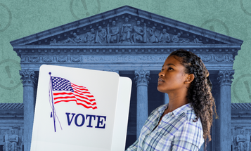 A person stands in front of a voting booth with a U.S. flag and the word "VOTE" on it. In the background, there is an image of the U.S. Supreme Court building.