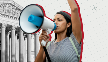 Woman with a bullhorn in front of the Supreme Court