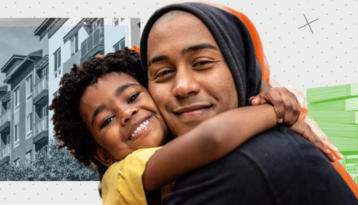 Black father and daughter in front of an image of a building and a stack of cash