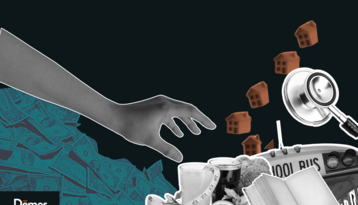 A hand reaching for symbols of public funding like a school bus, stethoscope, and books.