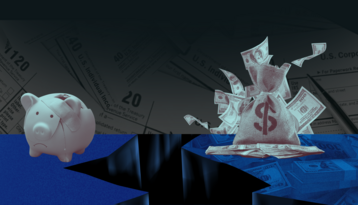 Impage of a broken piggy bank on one side of a gulf and a pile of money on the other