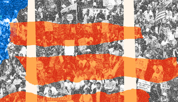 A stylized depiction of the American flag with a large crowd in the background. The flag's blue square and white star are prominent on the left, with the red and white stripes extending across a monochrome crowd holding various signs.