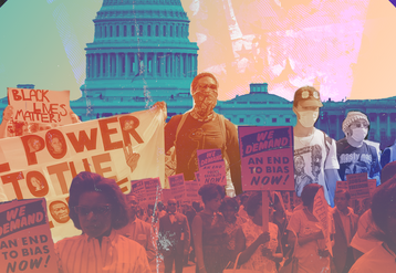 People marching on Washington with protest signs [Main IDA image] 