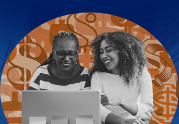 Two women smiling in front of a laptop with tax form and dollar sign graphics in the background. 