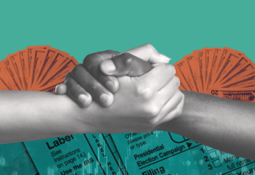 Two hands clasped in a handshake over a background featuring various United States tax forms and fanned out $100 bills.