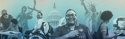 A diverse group of people in front of government buildings and statues, including the U.S. Capitol and Liberty statues. The mood is empowering and inclusive.