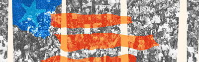A stylized depiction of the American flag with a large crowd in the background. The flag's blue square and white star are prominent on the left, with the red and white stripes extending across a monochrome crowd holding various signs.