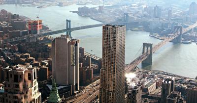 New York City river and bridges from overhead