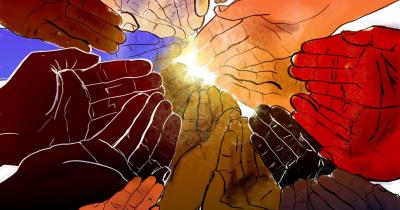 A circle of multi-racial hands extended and reaching for the light