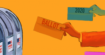 Mailboxes and multicolored hands reaching out to drop 2020 ballots in them