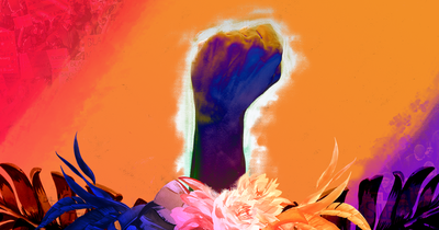 Black fist raised above a crown of palm leaves and flowers on a red, orange and purple striped backdrop