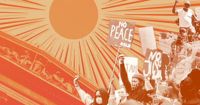 Black Lives Matter Protestors in front of a courthouse, with an illustrated sun overhead