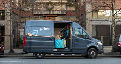 Amazon Prime Delivery Van withDoor Open on City Street