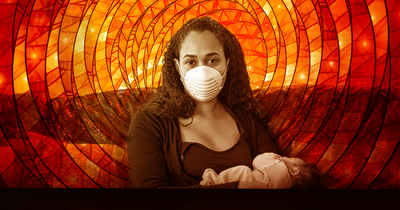 Woman with Mask Holding Baby with Mosaic Background