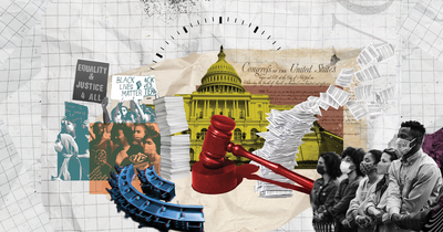 Collage on grid paper with the US Capitol, Constitution, gavel, and protestors to represent the filibuster