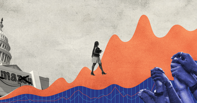 Collage image containing images of the U.S. Capitol Building, chart bars and waves, Multi-racial fists raised, and Career woman walking