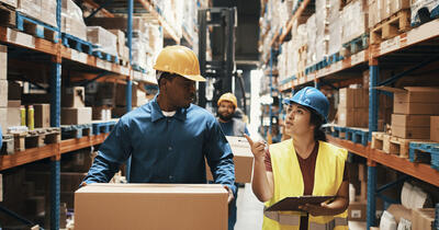 Workers walking and talking in a warehouse