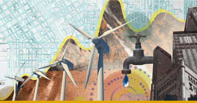 Collage of a hand holding coins over homes, next to five white wind machines, next to a dripping faucet