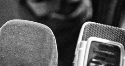 Black and white photo of microphones