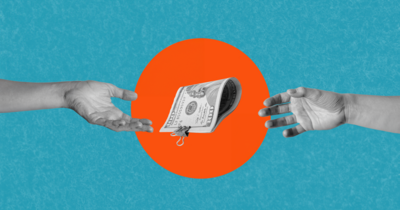 Two hands reaching for money in the middle of the image