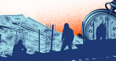 Construction workers in the foreground, with money and a clock in the background