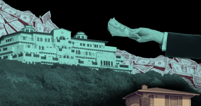 A mansion on a hill and a hand extended holding cash