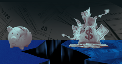 Impage of a broken piggy bank on one side of a gulf and a pile of money on the other