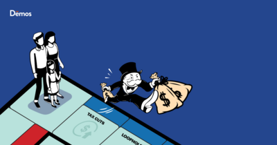 Tax themed monopoly board shows a rich person running away with money bags, leaving a working family at square one