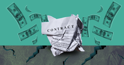 A graphic featuring a crumpled contract on a slab of broken concrete in the foreground with dollar bills in the background