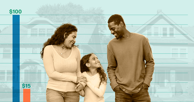 A family smiling at each other in the foreground with a row of houses in the background and a bar chart behind them showing the racial wealth gap with white households