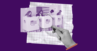 Image of hand holding magnifying glass over an image of people voting