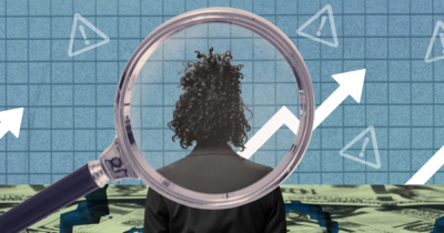An illustration of a Black woman viewed from behind through a magnifying glass, with a background of financial graphs and currency notes.