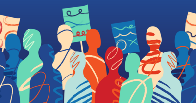 Doodle style graphic of outlines of a crowd holding signs