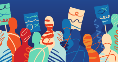 Doodle style graphic of outlines of a crowd holding signs 