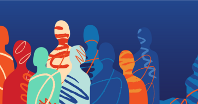 Abstract illustration featuring colorful, stylized silhouettes of the Capitol building and a group of people with flowing lines and shapes against a blue background.