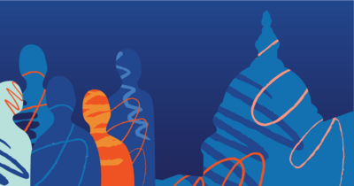 An illustration of multicolored people next to an image of the capitol building