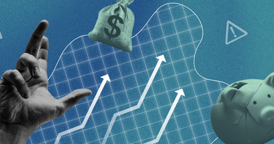 Illustration of a hand reaching towards a piggy bank and a money bag, with icons of a house and arrows on a graph, symbolizing financial growth.