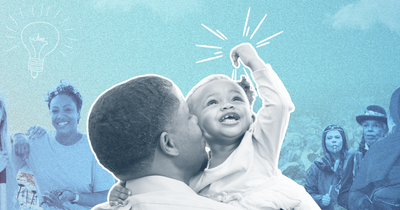 A joyful child is held by a parent with a collage of diverse people in the background. Lightbulb drawings symbolize ideas. The scene conveys hope and unity.