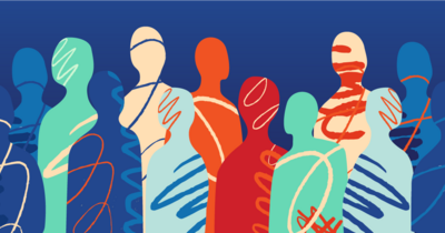 Colorful abstract illustration of a diverse group of people standing together.