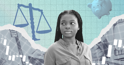 A person with thoughtful expression is surrounded by various financial symbols, including a scale, a piggy bank, and stock market graphs, overlaying a background of currency notes.