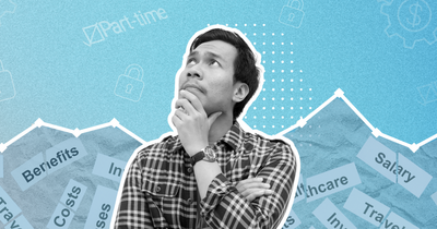 A person with a thoughtful expression stands against a blue background. The background features a line graph with economy-related words underneath like "Salary," "Benefits," "Costs," and "Healthcare" 