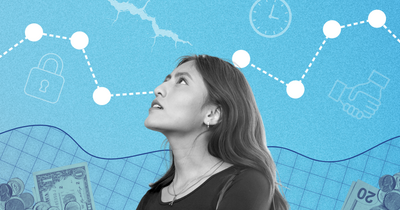 A Latina woman looks upward as currency symbols float in the background