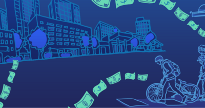 The image is an illustrated cityscape at night with buildings, trees, and a pedestrian crossing. People are riding bicycles on the right. Dollar bills are floating through the scene in a wavy pattern.