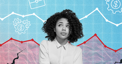 A Black woman looks upward pensively against a graphic background showing rising and falling economic indicator lines, briefcase icons, and cracked earth imagery.