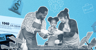 A family gardens together surrounded by a collage of tax forms and public services icons — including a school bus, stethoscope, graduation cap, and money bag — suggesting the connection between taxes and everyday community needs.