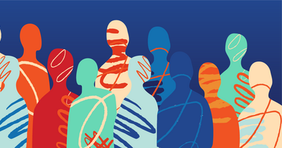 Abstract illustration of colorful, stylized human figures filled with swirling patterns against a solid blue background.